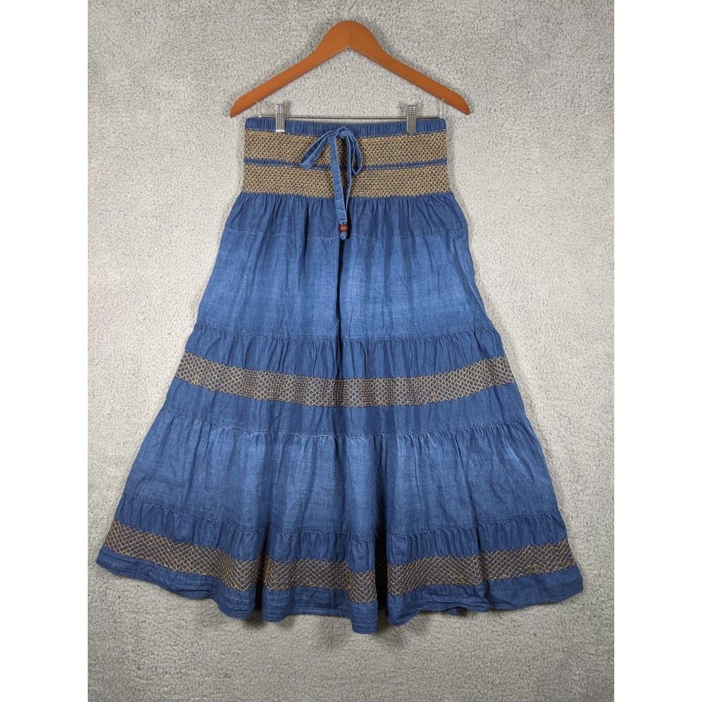 Vtg G-Unit Tiered A Line Skirt Sz M Blue Denim Smocked Boho Hippie Western Y2K